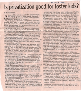 Privitization of foster care LA Daily news october 2009